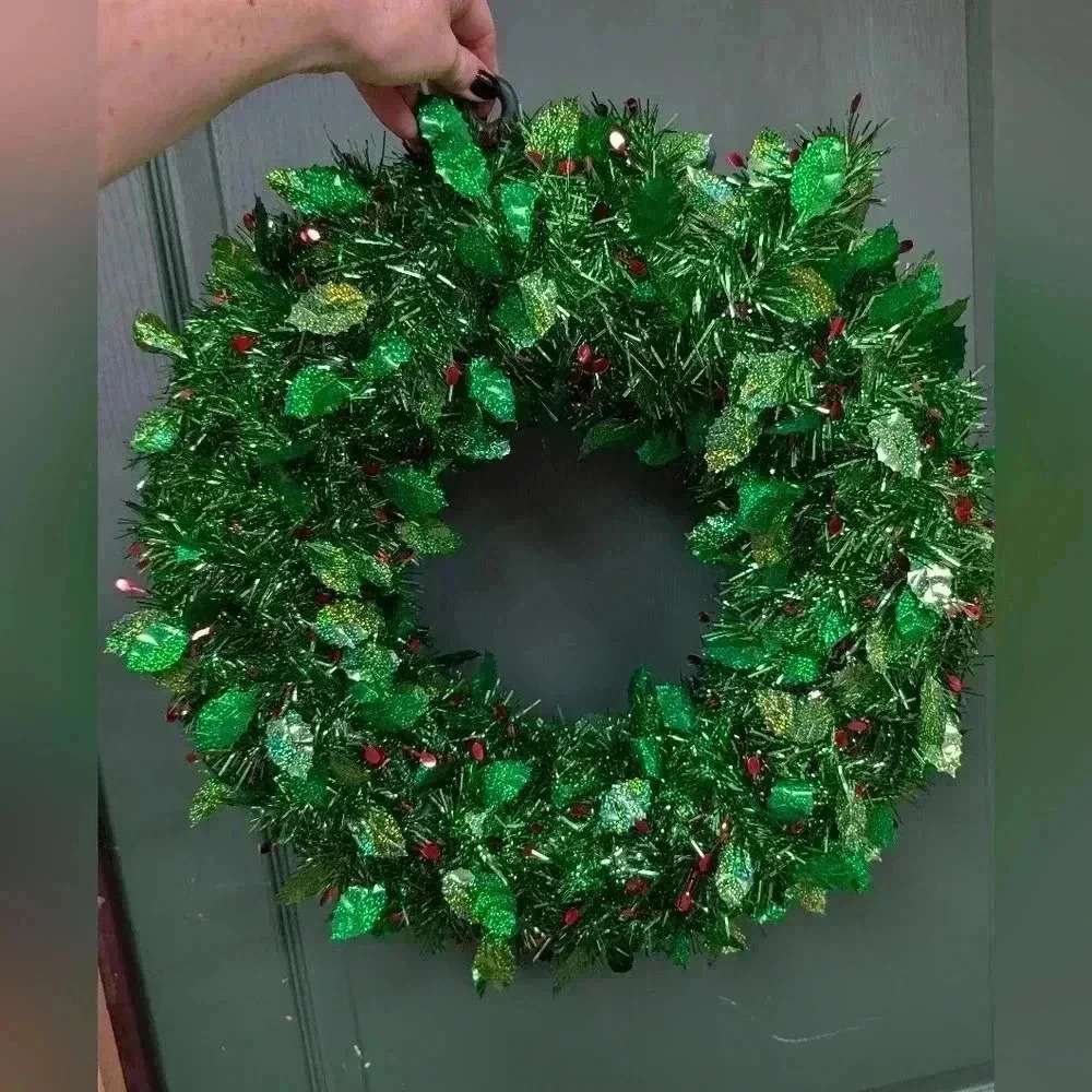 Vintage green and red mistletoe tinsel wreath
